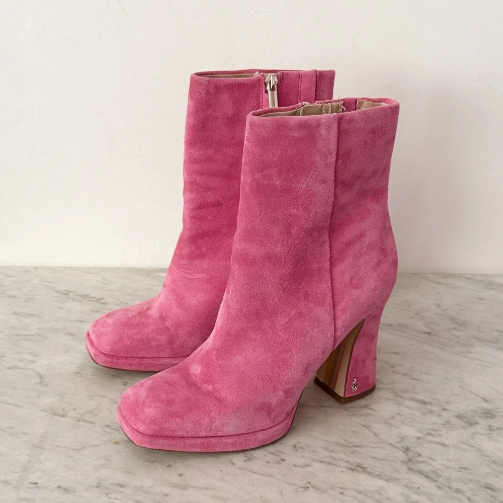 Sam Edelman Suede Ankle Boots Pink Square Toe Block Heel Platform 8 Pink Retro